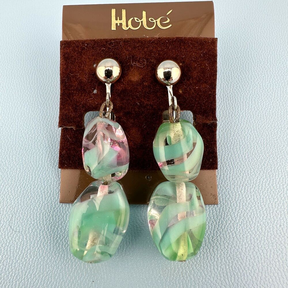 Vintage Hobe Earrings Teal Blue Art Glass Silver Tone Dangle Clip On Signed